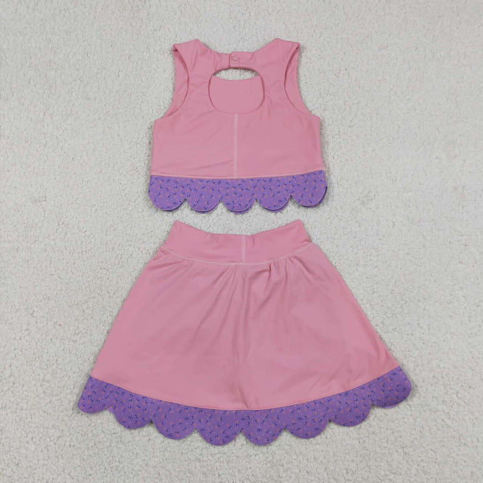 GSD3319 Pink Tank Top Bows Skort Purple Small Flowers Scallop Edge Girls Yoga Clothes Set