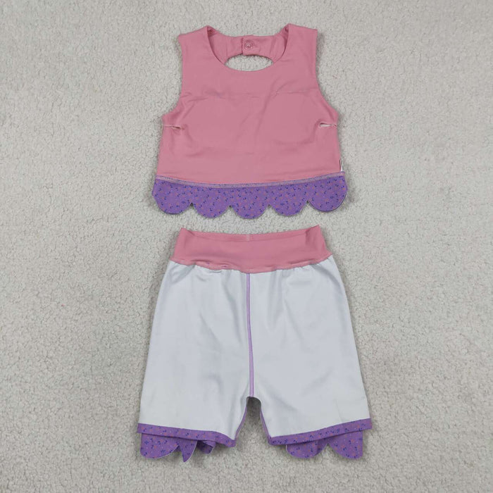 GSD3319 Pink Tank Top Bows Skort Purple Small Flowers Scallop Edge Girls Yoga Clothes Set