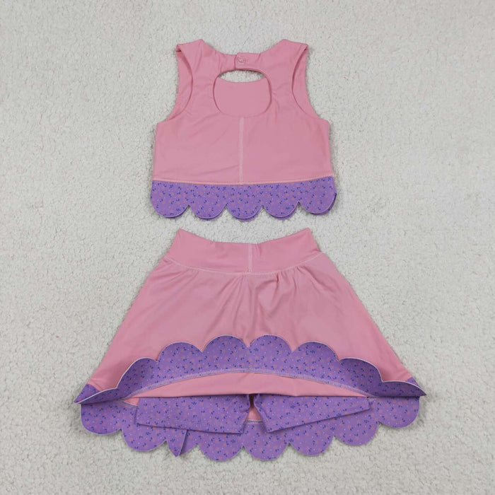 GSD3319 Pink Tank Top Bows Skort Purple Small Flowers Scallop Edge Girls Yoga Clothes Set