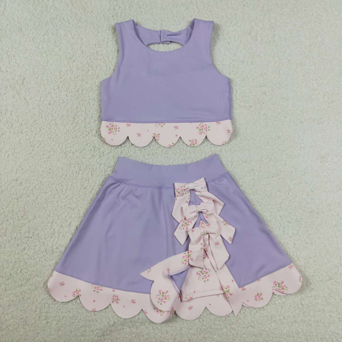 GSD3323 Purple Tank Top Bows Skort Girls Scallop Yoga Clothes Set