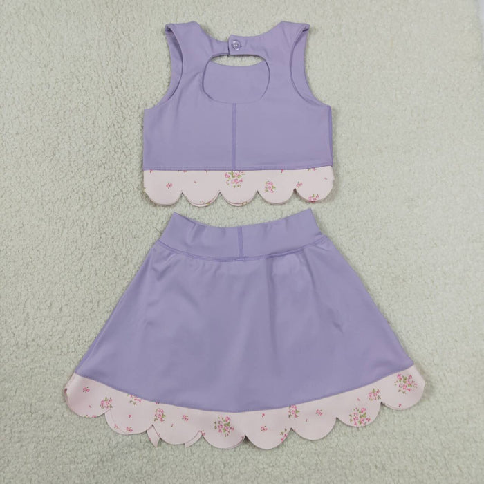 GSD3323 Purple Tank Top Bows Skort Girls Scallop Yoga Clothes Set