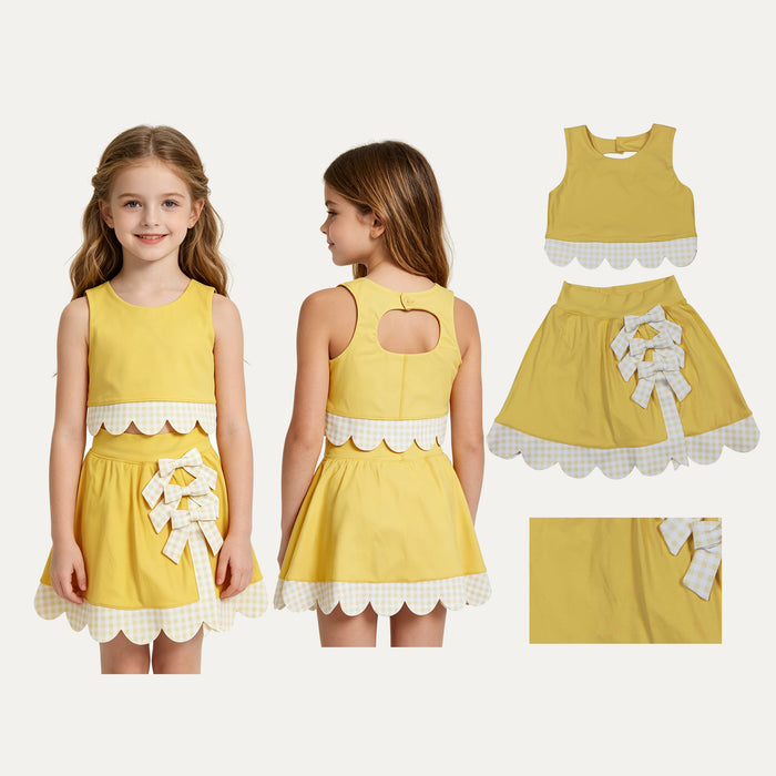 GSD3324 Yellow Tank Top Bows Skort Girls Scallop Yoga Clothes Set
