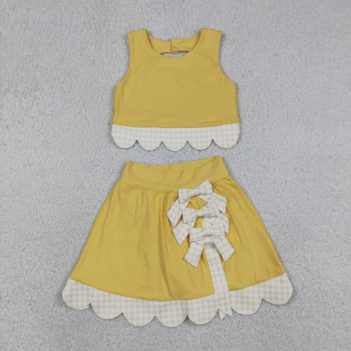 GSD3324 Yellow Tank Top Bows Skort Girls Scallop Yoga Clothes Set