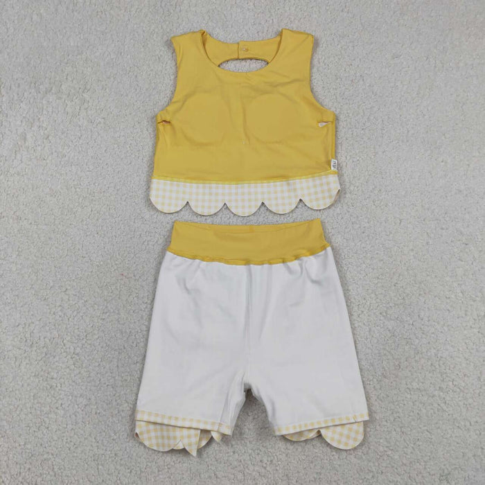 GSD3324 Yellow Tank Top Bows Skort Girls Scallop Yoga Clothes Set