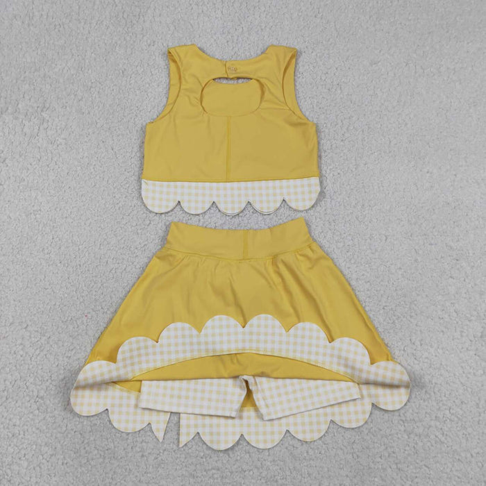 GSD3324 Yellow Tank Top Bows Skort Girls Scallop Yoga Clothes Set