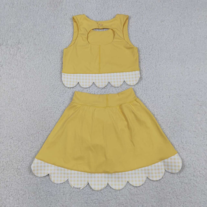 GSD3324 Yellow Tank Top Bows Skort Girls Scallop Yoga Clothes Set