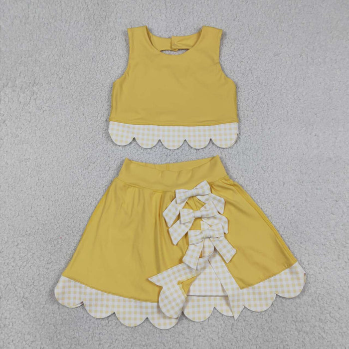 GSD3324 Yellow Tank Top Bows Skort Girls Scallop Yoga Clothes Set