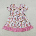 GSD3394 Cartoon Demon K-p*p Print Girls Summer Ruffle Knee Length Dress