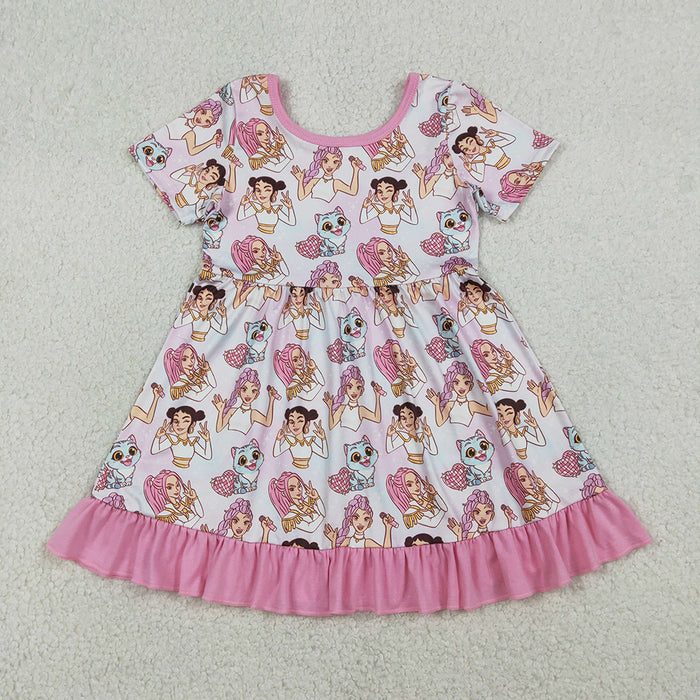 GSD3394 Cartoon Demon K-p*p Print Girls Summer Ruffle Knee Length Dress