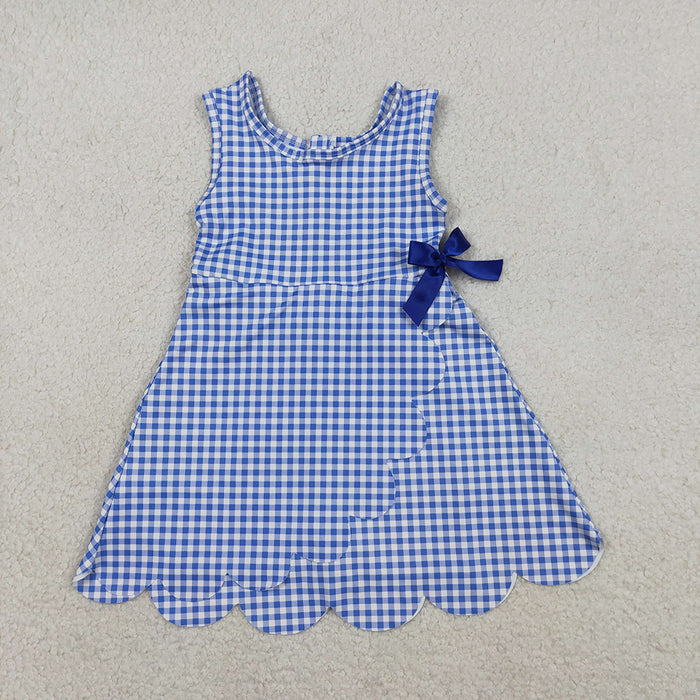 GSD3427 Girls’ Blue Plaid Bow Scallop Sleeveless Yoga Dress