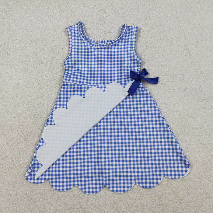 GSD3427 Girls’ Blue Plaid Bow Scallop Sleeveless Yoga Dress