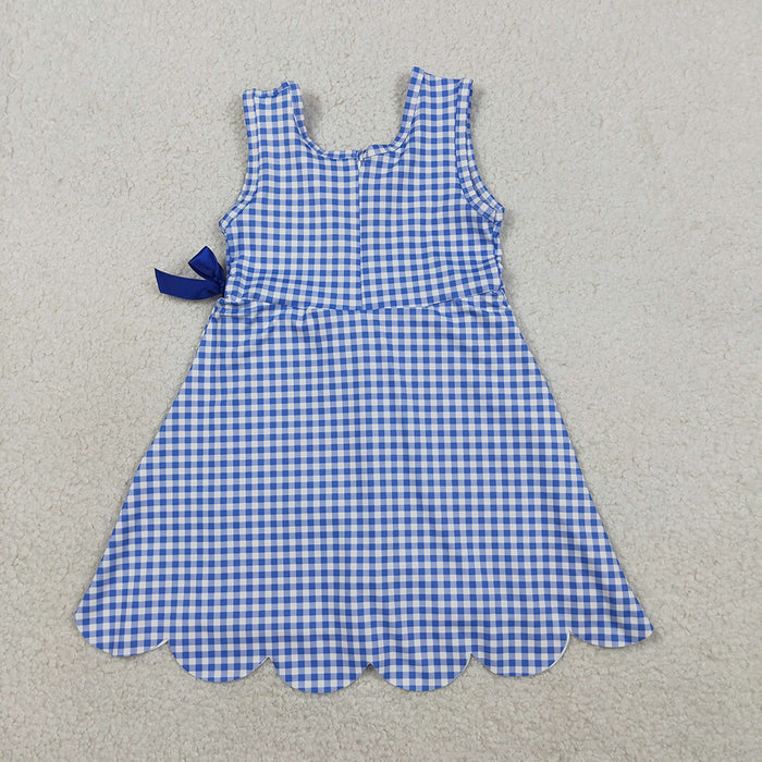 GSD3427 Girls’ Blue Plaid Bow Scallop Sleeveless Yoga Dress