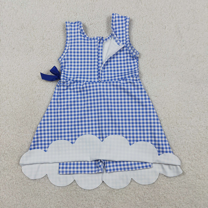 GSD3427 Girls’ Blue Plaid Bow Scallop Sleeveless Yoga Dress