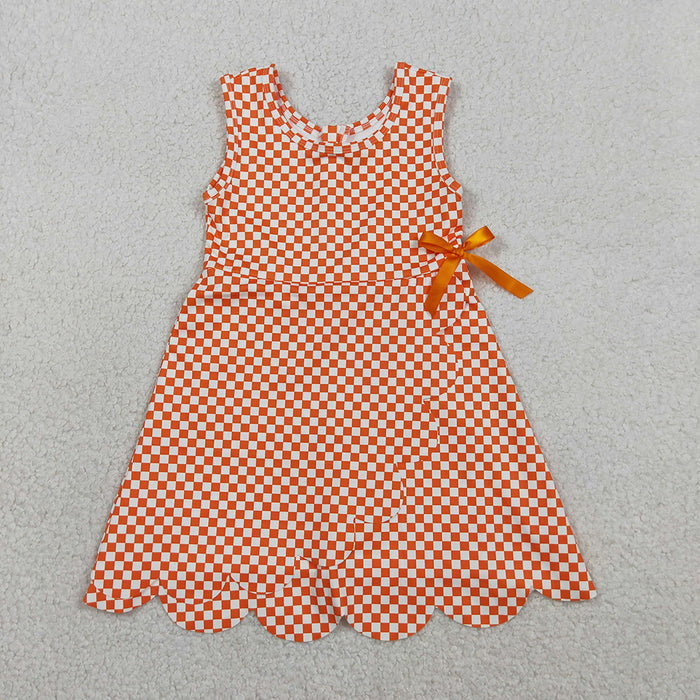 GSD3428 Girls’ Orange Plaid Bow Scallop Sleeveless Yoga Dress