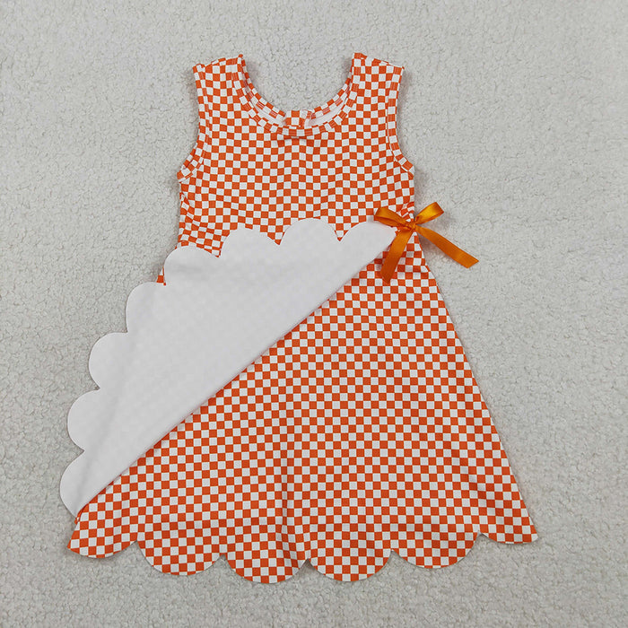 GSD3428 Girls’ Orange Plaid Bow Scallop Sleeveless Yoga Dress
