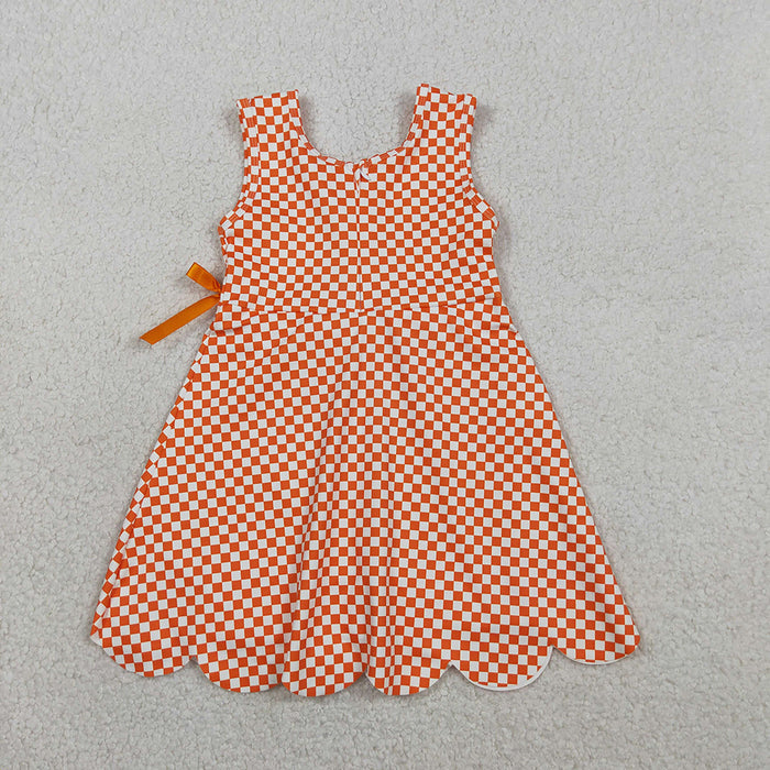 GSD3428 Girls’ Orange Plaid Bow Scallop Sleeveless Yoga Dress