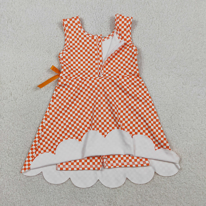 GSD3428 Girls’ Orange Plaid Bow Scallop Sleeveless Yoga Dress