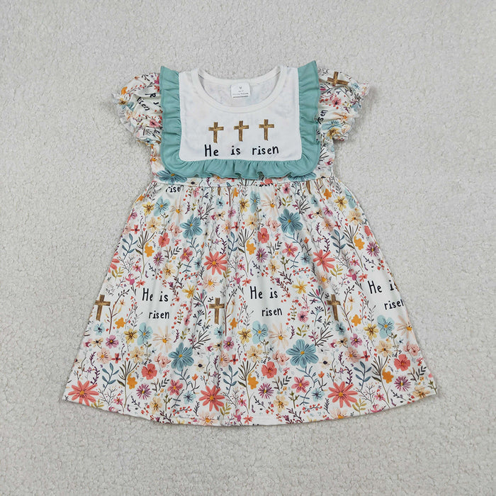 GSD3504 He is Risen Cross Colorful Flowers Print Girls Easter Knee Length Dress