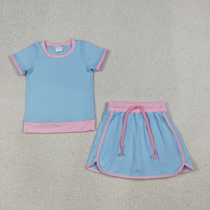 GSD3671 Blue & Pink Cotton Tee & Skirt Set - Girls