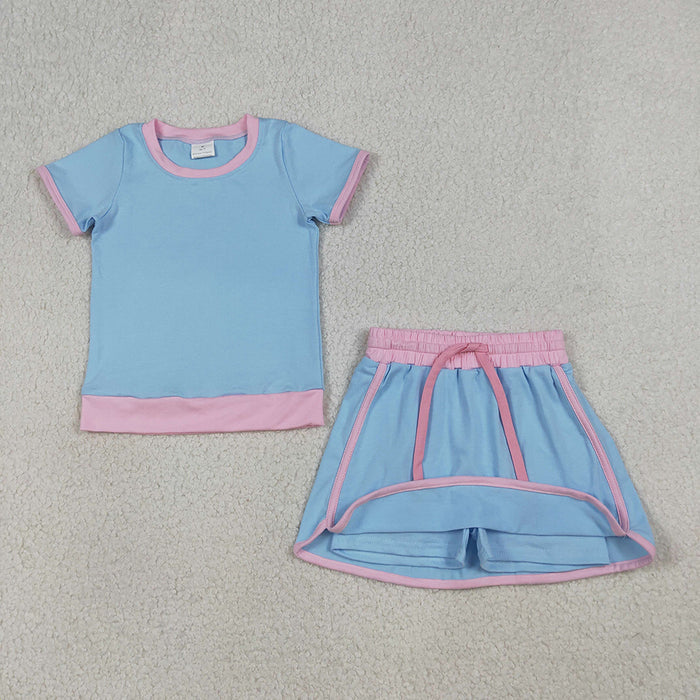 GSD3671 Blue & Pink Cotton Tee & Skirt Set - Girls