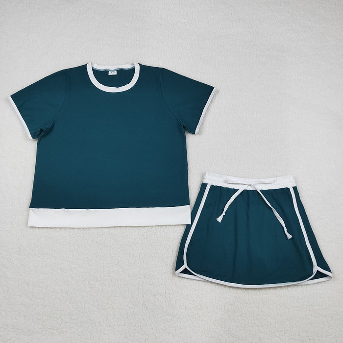 GSD3673 Women's Green & White Cotton Tee & Skirt Set