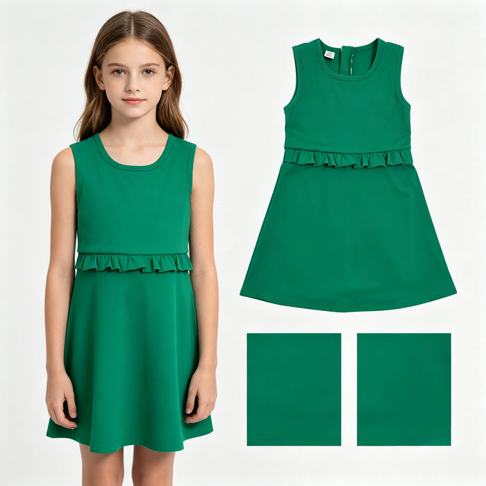 GSD3742 Green Ruffle Girls Sleeveless Zipper Yoga Dress