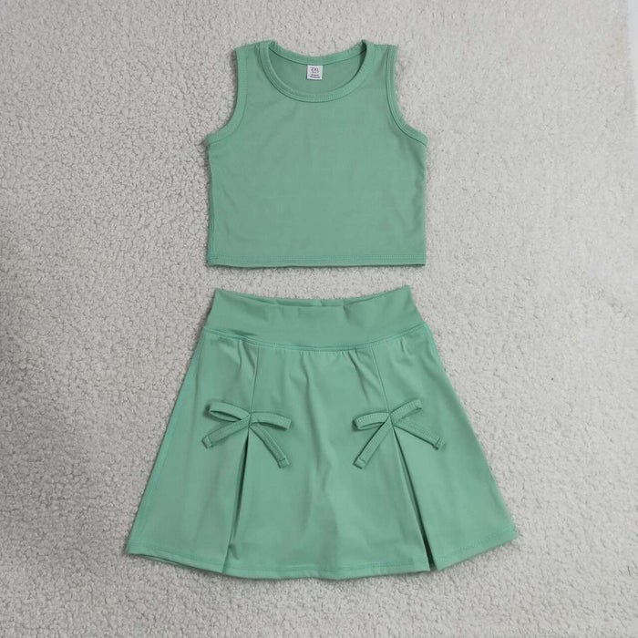 GSD3760 Green Tank Top Bow Skort Girls Summer Yoga Clothes Set