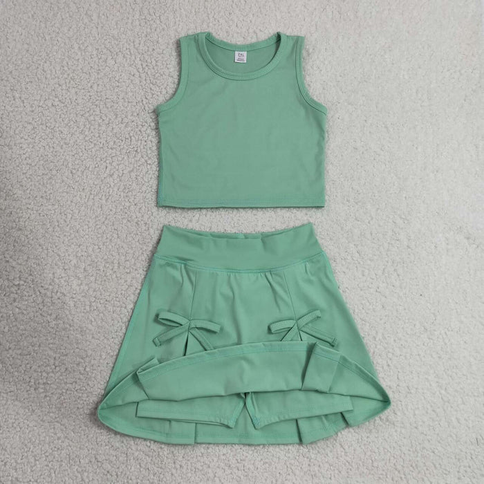 GSD3760 Green Tank Top Bow Skort Girls Summer Yoga Clothes Set