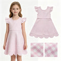 GSD3796 Pink Checkerd Flutter Sleeve Girls Knee Length Scalloped Yoga Zipper Dress