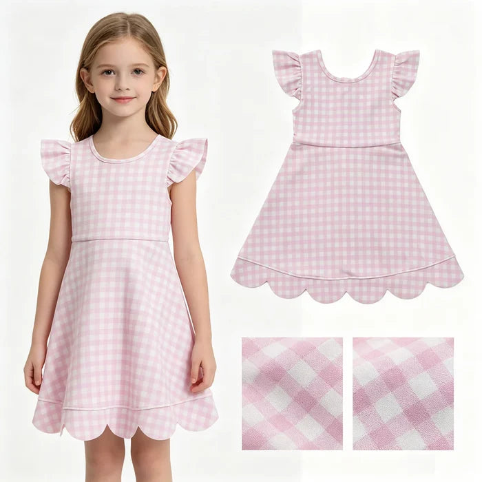 GSD3796 Pink Checkerd Flutter Sleeve Girls Knee Length Scalloped Yoga Zipper Dress