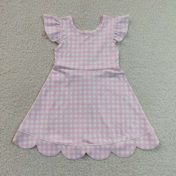 GSD3796 Pink Checkerd Flutter Sleeve Girls Knee Length Scalloped Yoga Zipper Dress