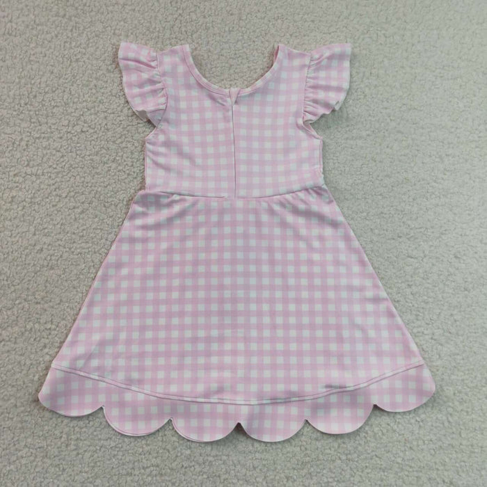 GSD3796 Pink Checkerd Flutter Sleeve Girls Knee Length Scalloped Yoga Zipper Dress