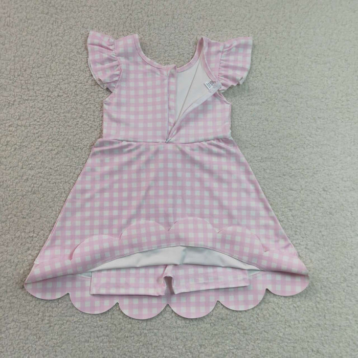 GSD3796 Pink Checkerd Flutter Sleeve Girls Knee Length Scalloped Yoga Zipper Dress