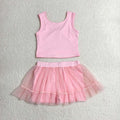 GSD3806 Baby Girls Pink Tank Backless Top Tulle Skirt Shorts Yoga Active Clothes Set