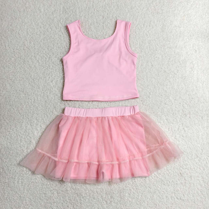 GSD3806 Baby Girls Pink Tank Backless Top Tulle Skirt Shorts Yoga Active Clothes Set
