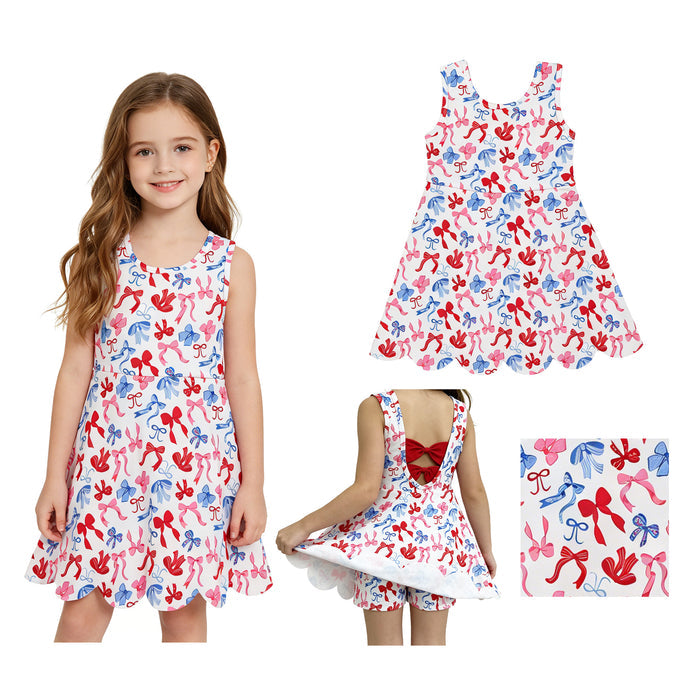 GSD3809 Red Blue Bows Girls 4th of July Shorts Knee Length Yoga Scallop Dress