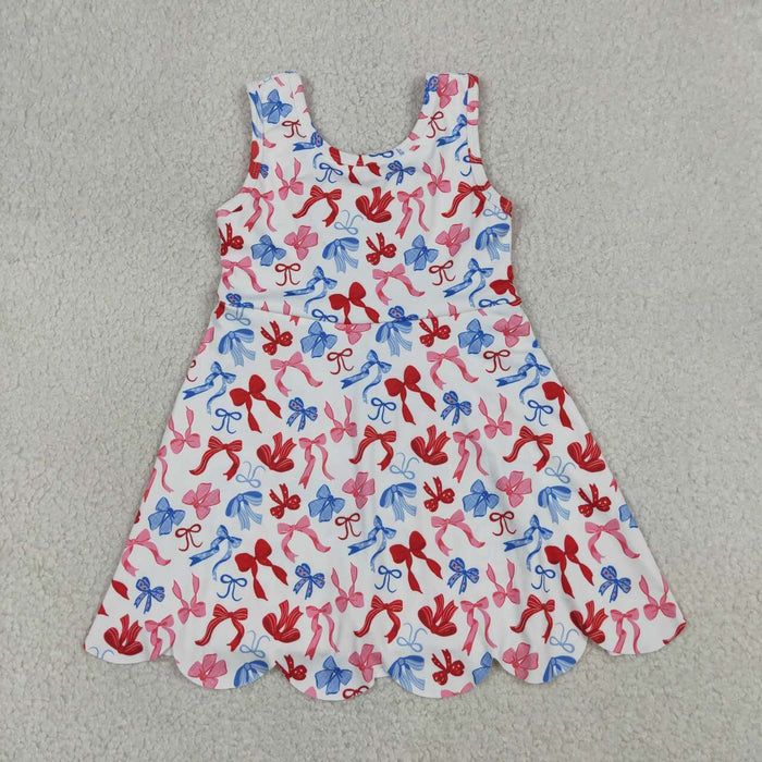 GSD3809 Red Blue Bows Girls 4th of July Shorts Knee Length Yoga Scallop Dress