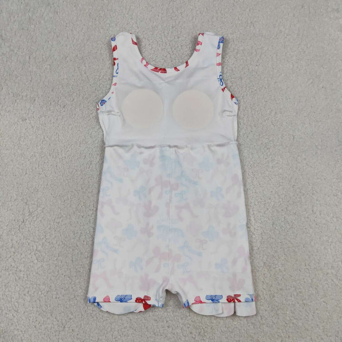 GSD3809 Red Blue Bows Girls 4th of July Shorts Knee Length Yoga Scallop Dress