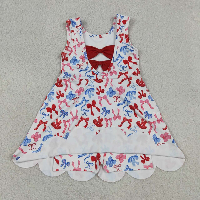 GSD3809 Red Blue Bows Girls 4th of July Shorts Knee Length Yoga Scallop Dress