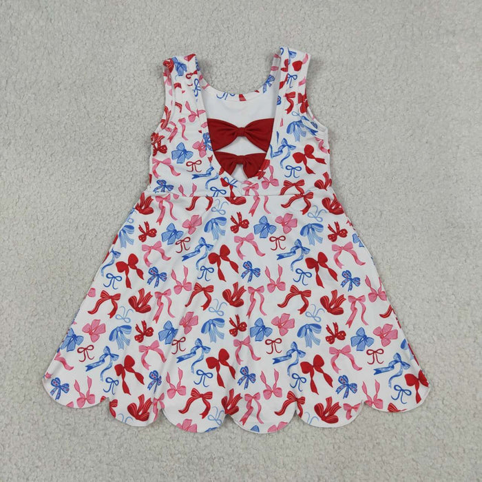 GSD3809 Red Blue Bows Girls 4th of July Shorts Knee Length Yoga Scallop Dress