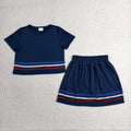 GSD3811 Navy Cotton Outfits - Sequin Stripe Crop Top & Skort Girls Summer Clothes Set