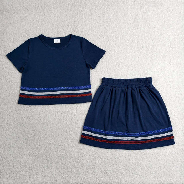 GSD3811 Navy Cotton Outfits - Sequin Stripe Crop Top & Skort Girls Summer Clothes Set