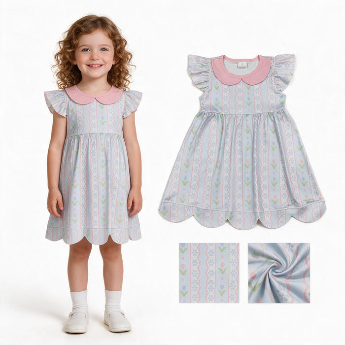 GSD3867 Flowers Print Girls Doll Collar Flutter Sleeve Scallop Dress
