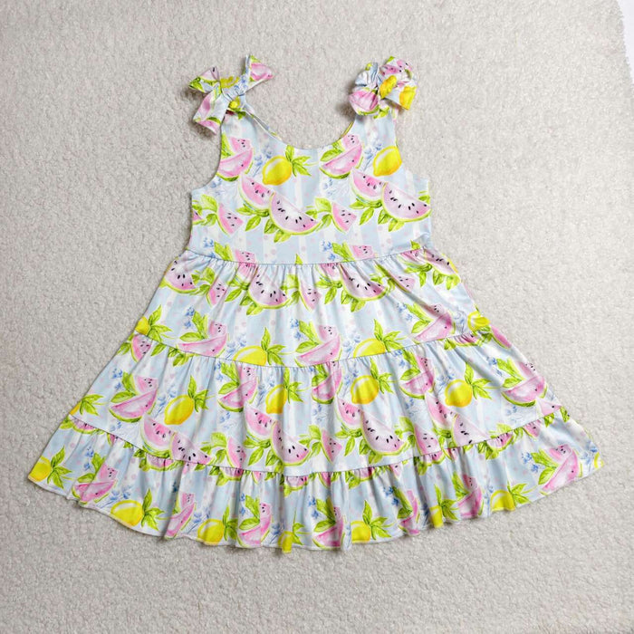 GSD3965 Watermelon Lemon Stripes Print Girls Summer Knee Length Strap Dress