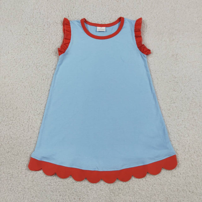 GSD4054 Blue Cotton Red Scallop Edge Toddler Girls Summer Dress