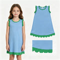 GSD4060 Blue Cotton Green Scalloped Edge Ruffle Girls Summer Dress