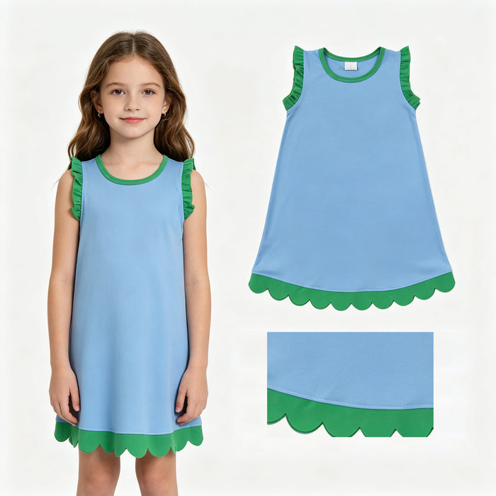 GSD4060 Blue Cotton Green Scalloped Edge Ruffle Girls Summer Dress
