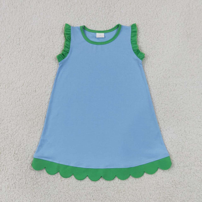 GSD4060 Blue Cotton Green Scalloped Edge Ruffle Girls Summer Dress