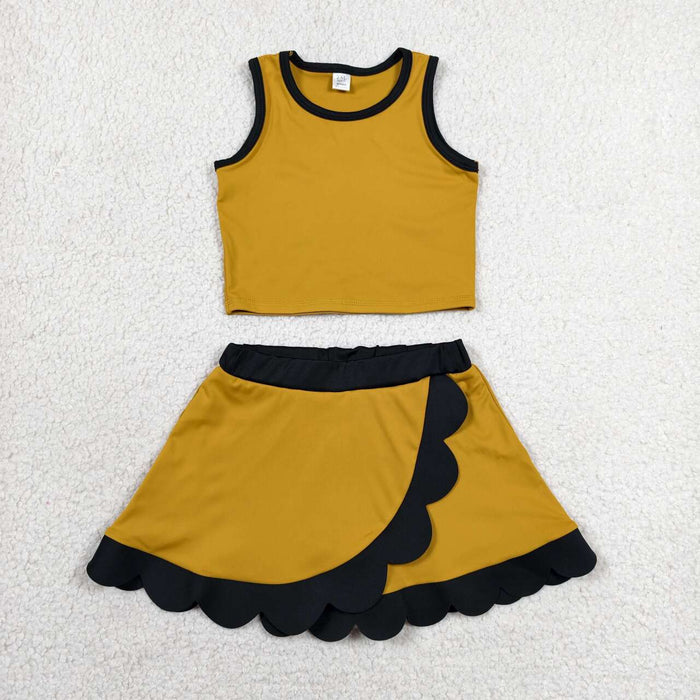 GSD4099 Mustard Sleeveless Tank Top Black Scallop Edge Skort Girls Summer Yoga Clothes Set