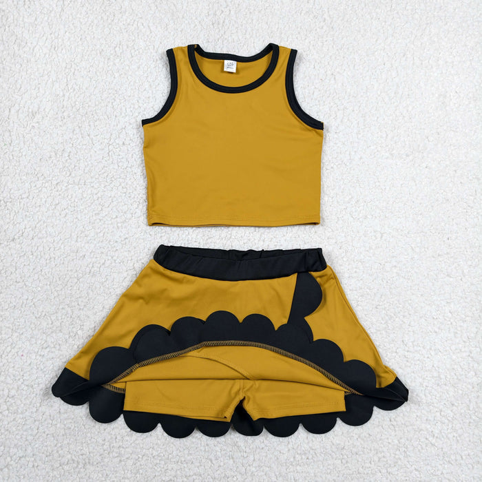 GSD4099 Mustard Sleeveless Tank Top Black Scallop Edge Skort Girls Summer Yoga Clothes Set